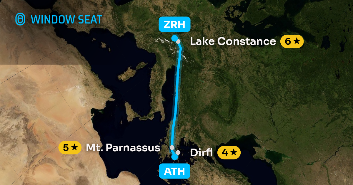 Map of the Athens to Zurich flight path with its landmarks on each side