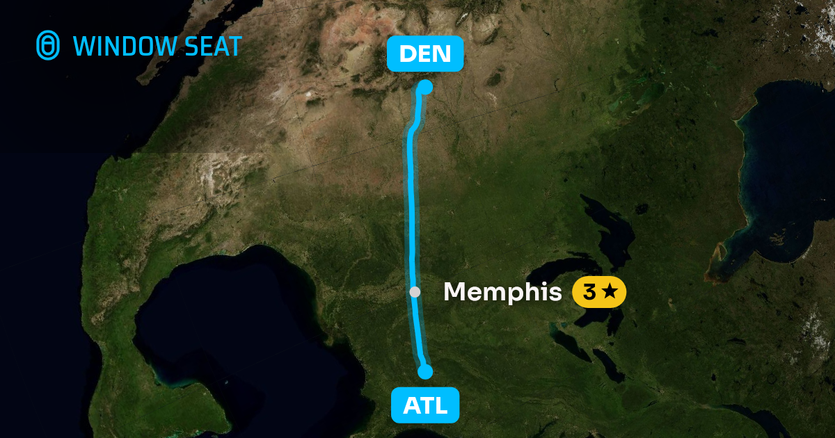 Map of the Atlanta to Denver flight path with its landmarks on each side