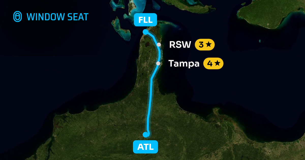 Map of the Atlanta to Fort Lauderdale flight path with its landmarks on each side