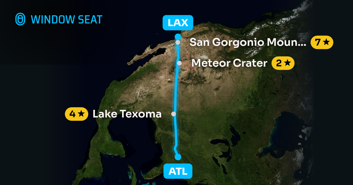 Map of the Atlanta to Los Angeles flight path with its landmarks on each side