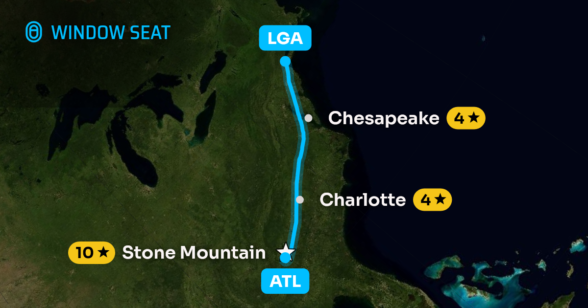Map of the Atlanta to New York flight path with its landmarks on each side