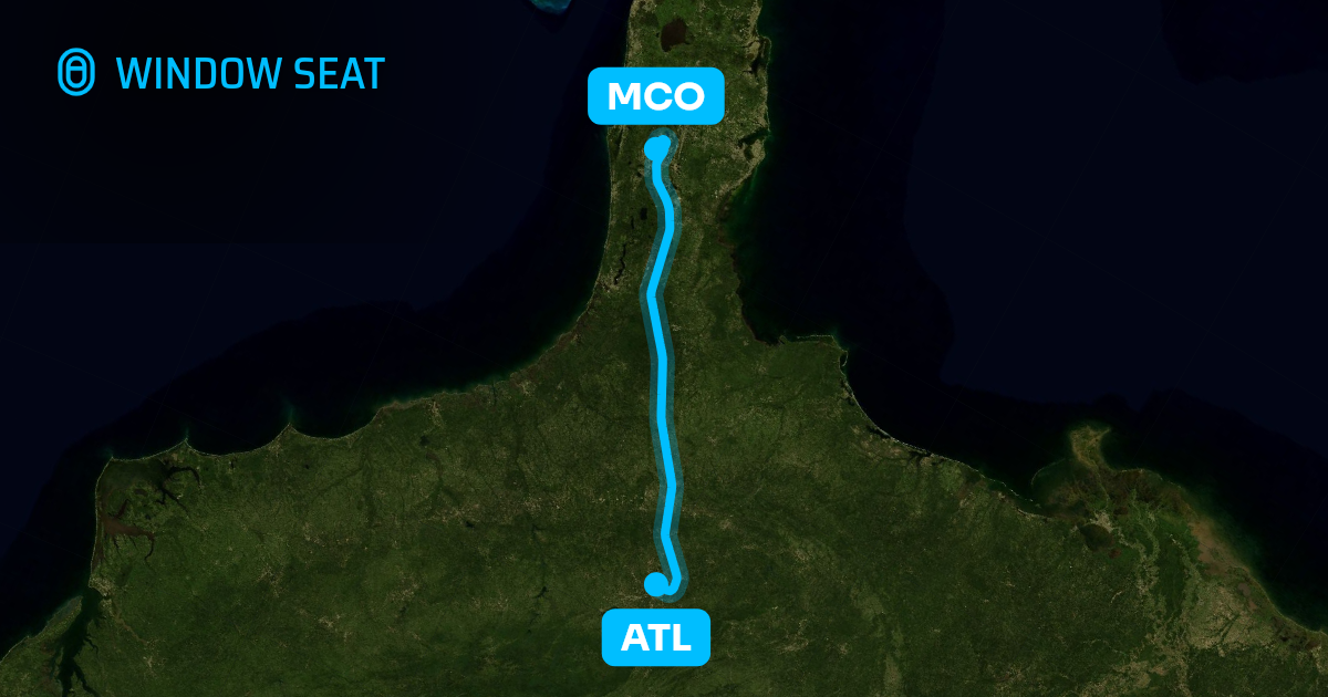 Map of the Atlanta to Orlando flight path with its landmarks on each side