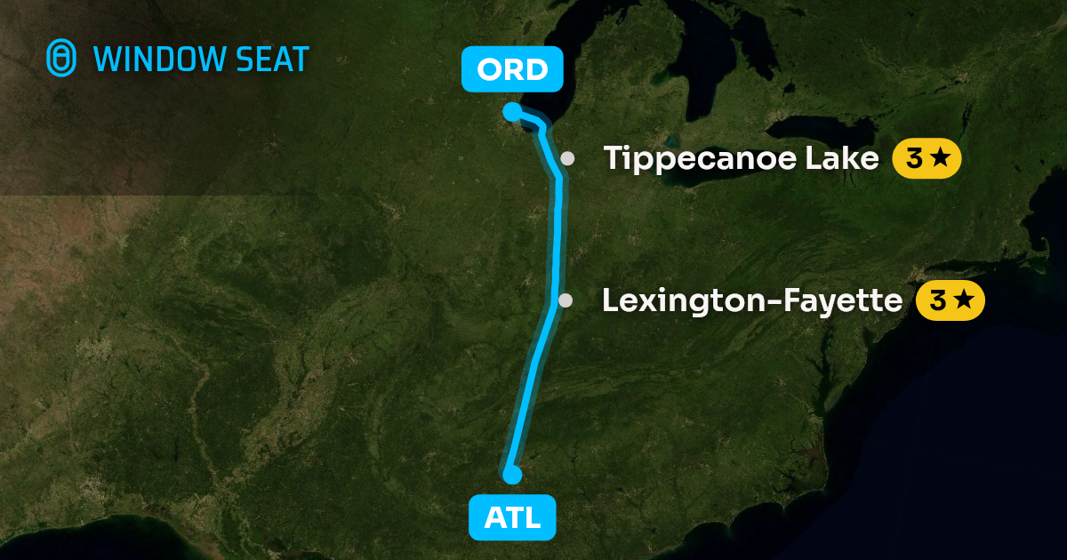 Map of the Atlanta to Chicago flight path with its landmarks on each side