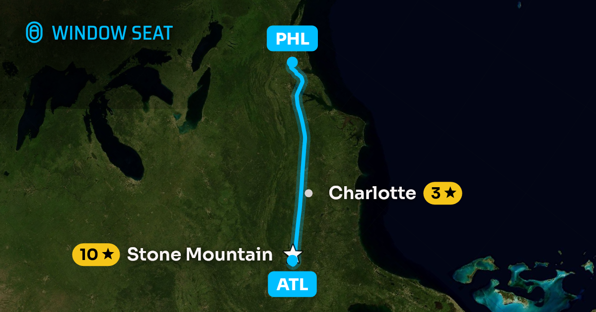 Map of the Atlanta to Philadelphia flight path with its landmarks on each side