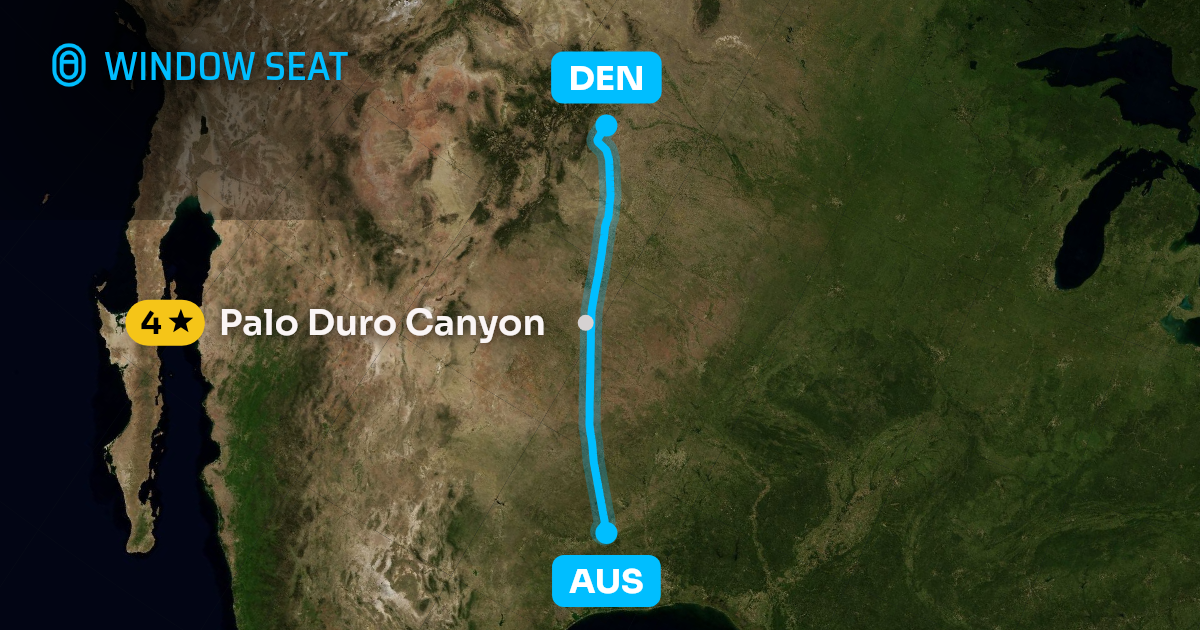 Map of the Austin to Denver flight path with its landmarks on each side