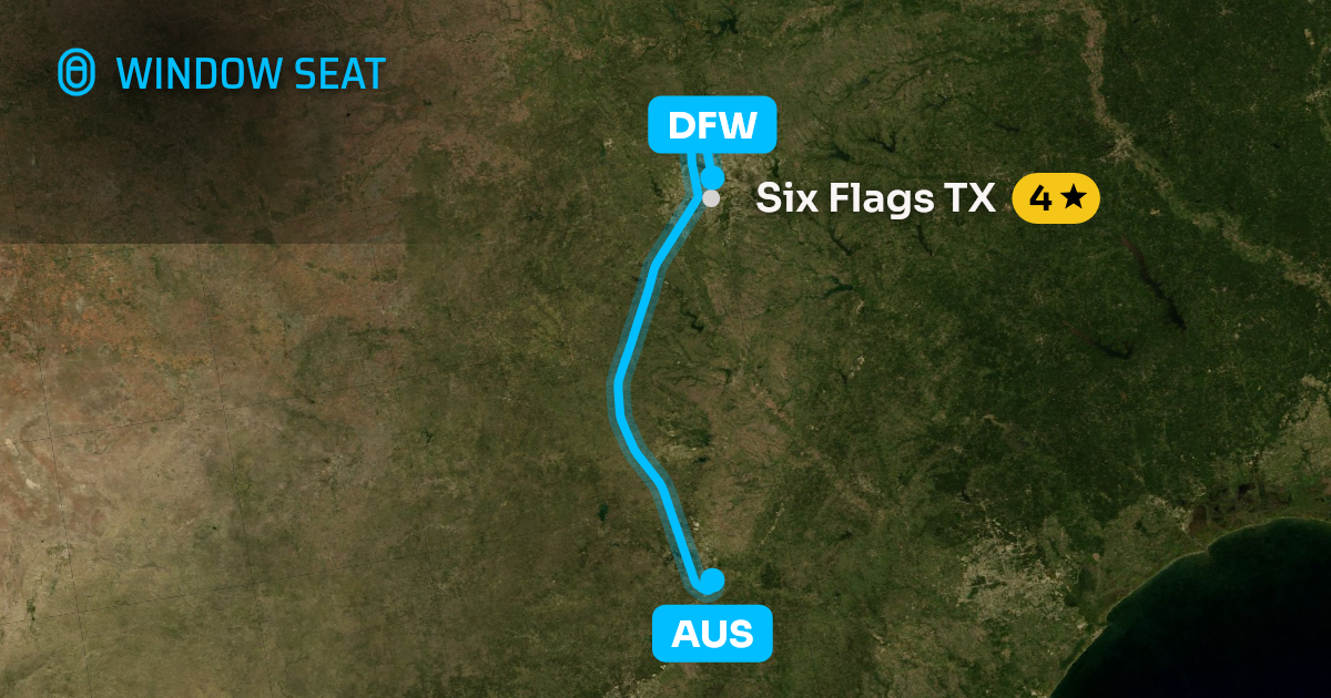Map of the Austin to Dallas-Fort Worth flight path with its landmarks on each side