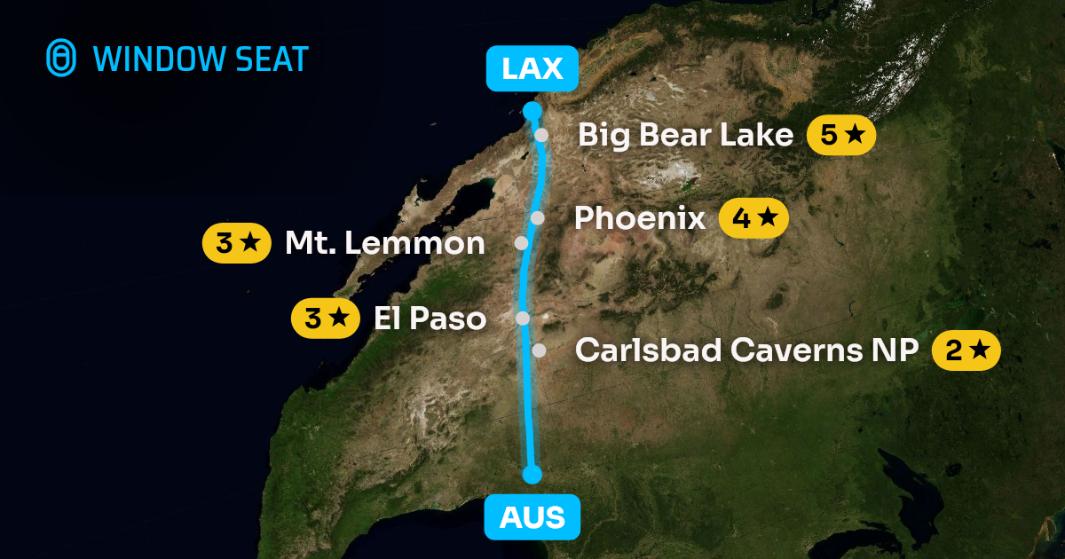 Map of the Austin to Los Angeles flight path with its landmarks on each side