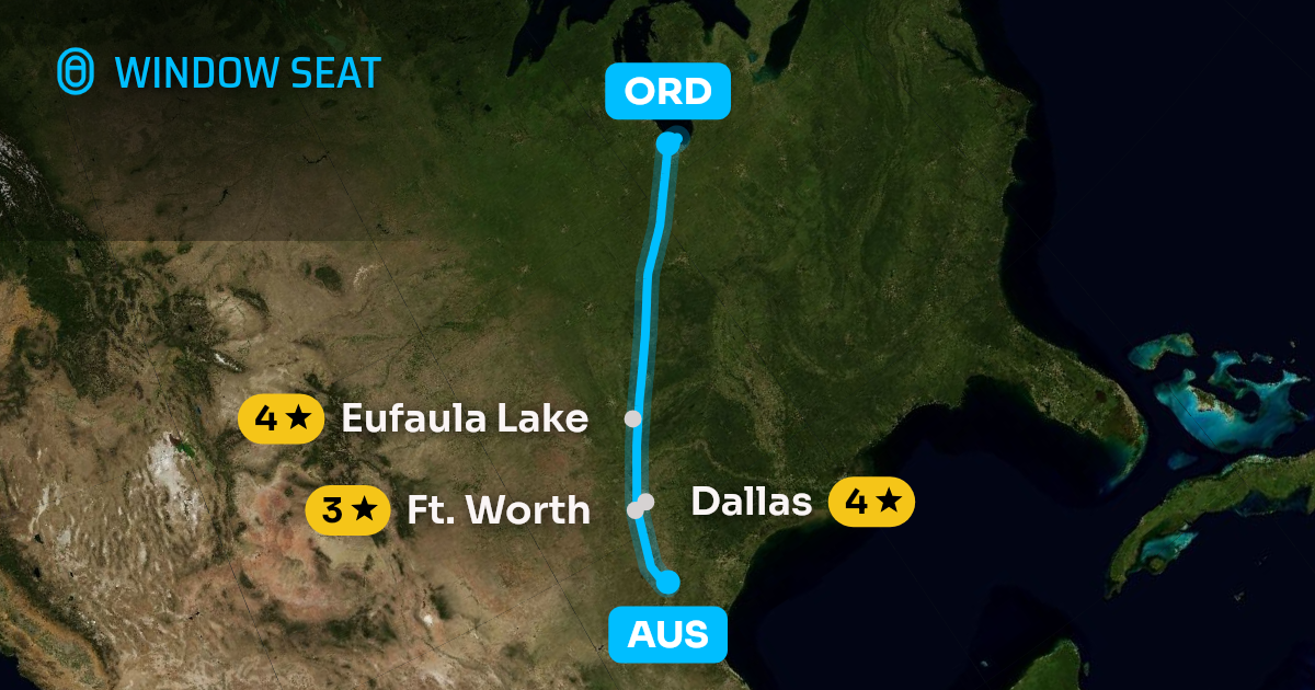 Map of the Austin to Chicago flight path with its landmarks on each side