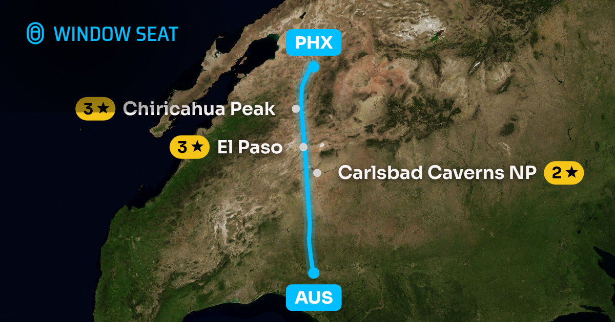 Map of the Austin to Phoenix flight path with its landmarks on each side