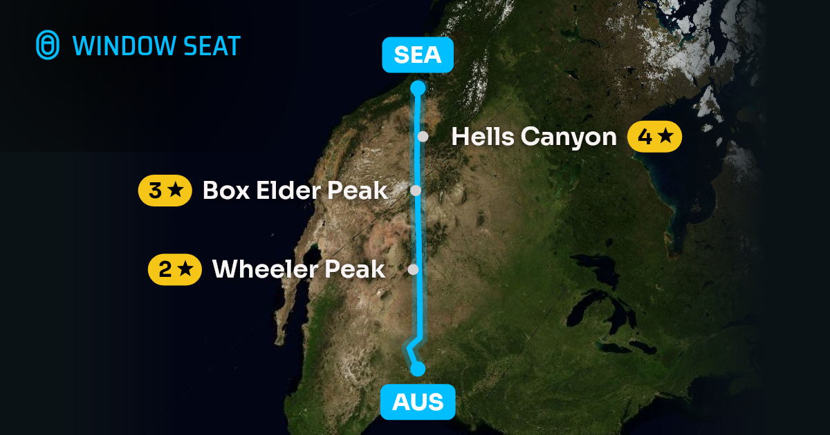 Map of the Austin to Seattle flight path with its landmarks on each side