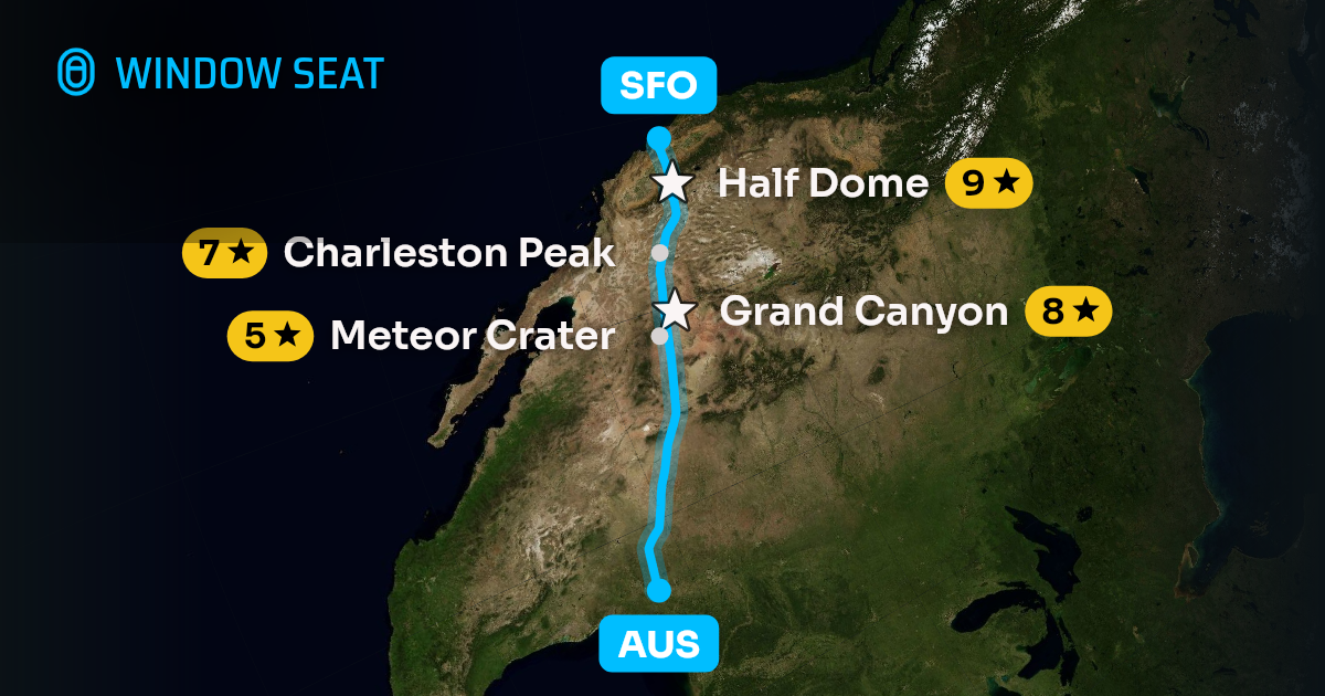 Map of the Austin to San Francisco flight path with its landmarks on each side