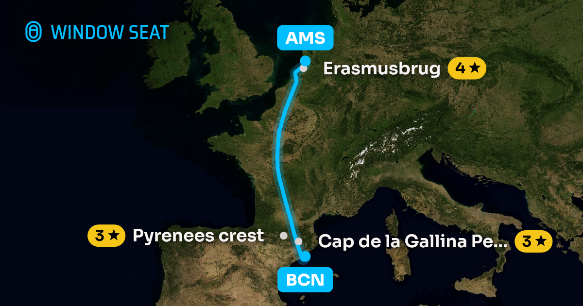 Map of the Barcelona to Amsterdam flight path with its landmarks on each side