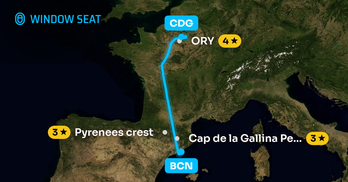 Map of the Barcelona to Paris flight path with its landmarks on each side