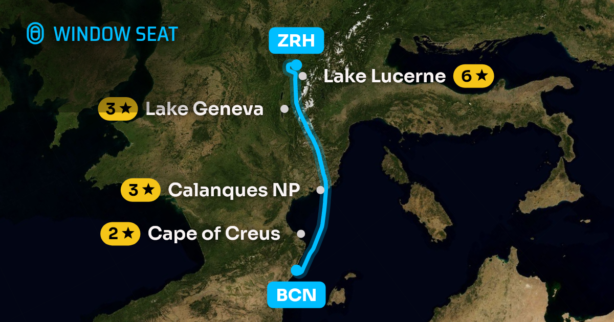 Map of the Barcelona to Zurich flight path with its landmarks on each side