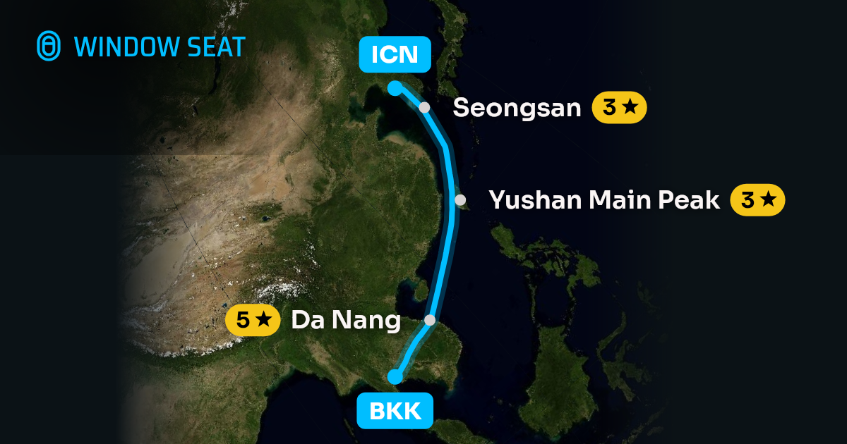 Map of the Bangkok to Seoul flight path with its landmarks on each side