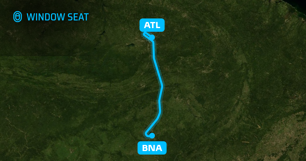 Map of the Nashville to Atlanta flight path with its landmarks on each side