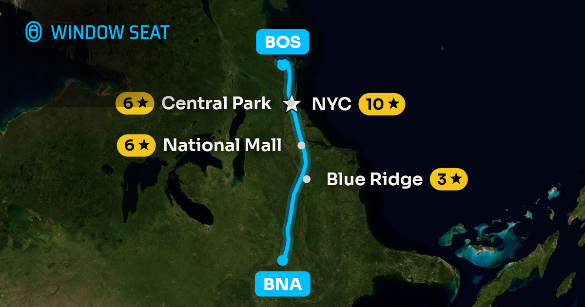 Map of the Nashville to Boston flight path with its landmarks on each side