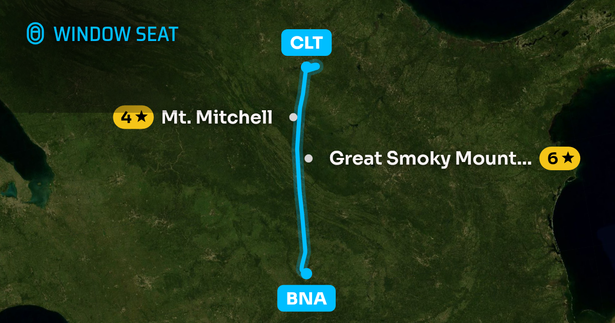 Map of the Nashville to Charlotte flight path with its landmarks on each side