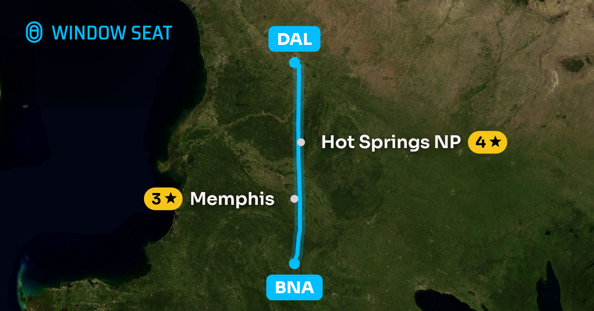 Map of the Nashville to Dallas flight path with its landmarks on each side