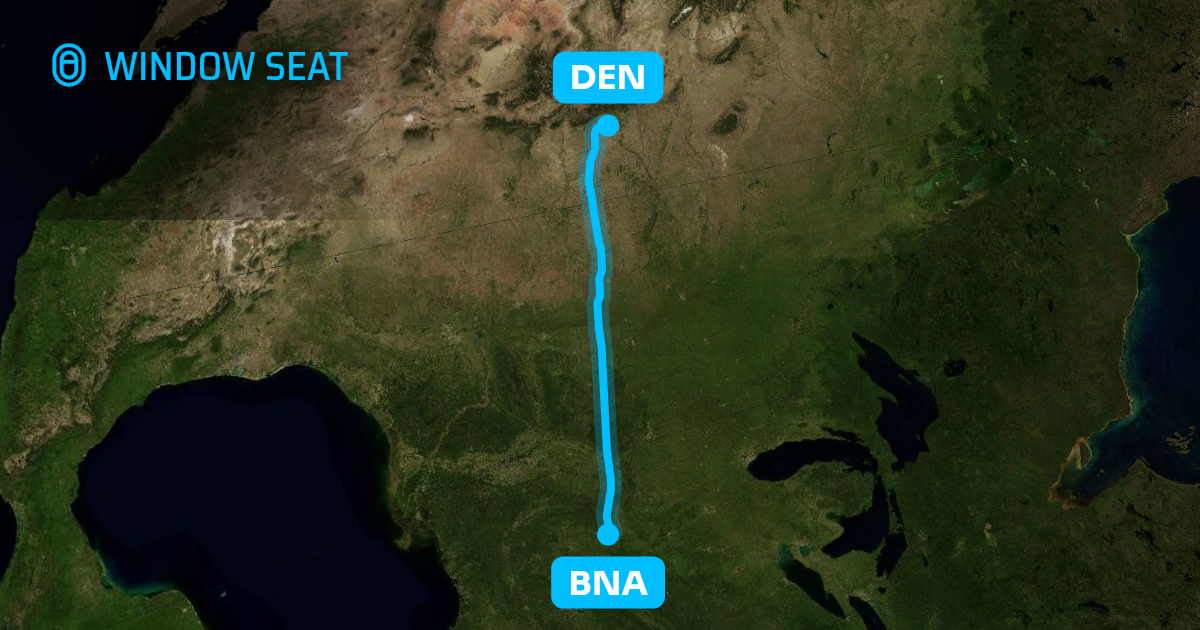 Map of the Nashville to Denver flight path with its landmarks on each side