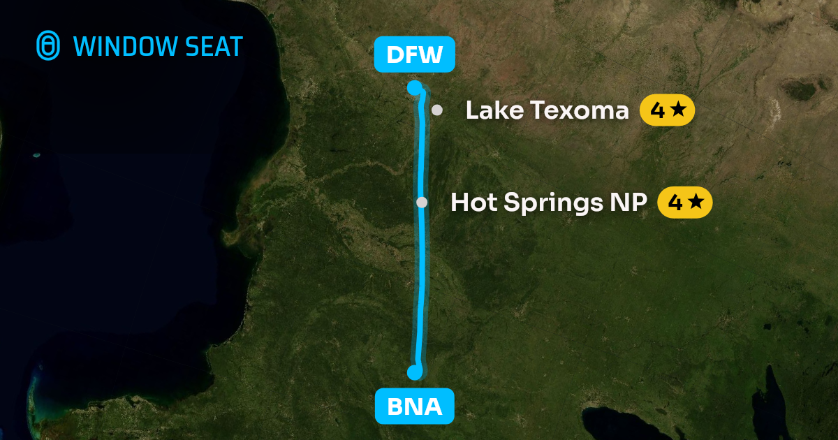 Map of the Nashville to Dallas-Fort Worth flight path with its landmarks on each side