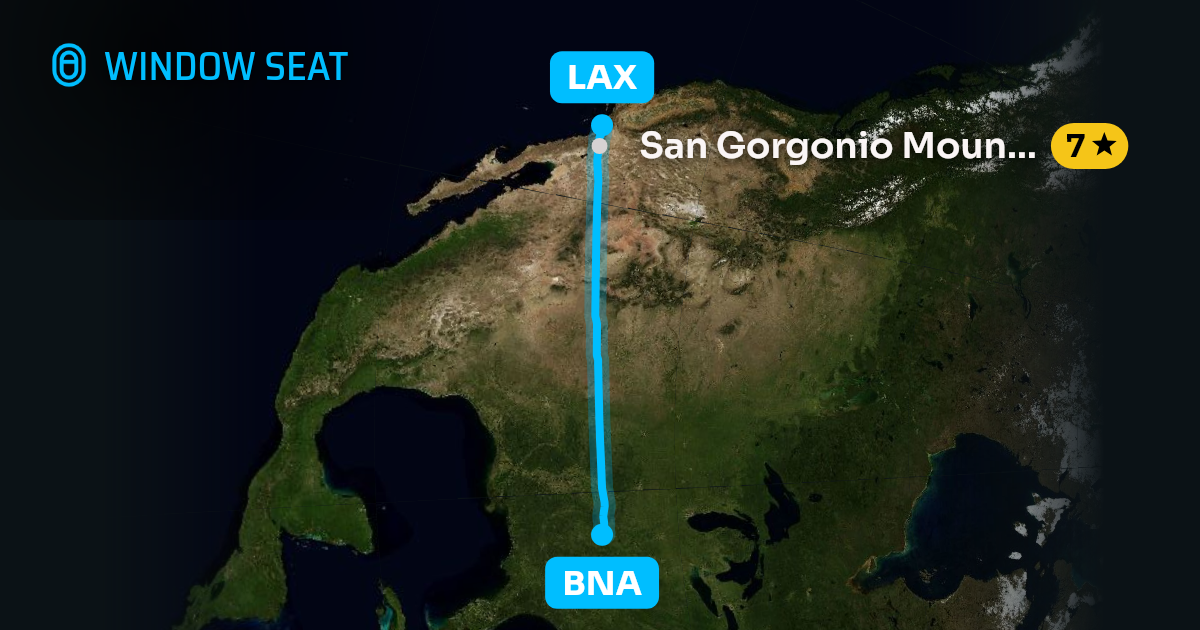 Map of the Nashville to Los Angeles flight path with its landmarks on each side