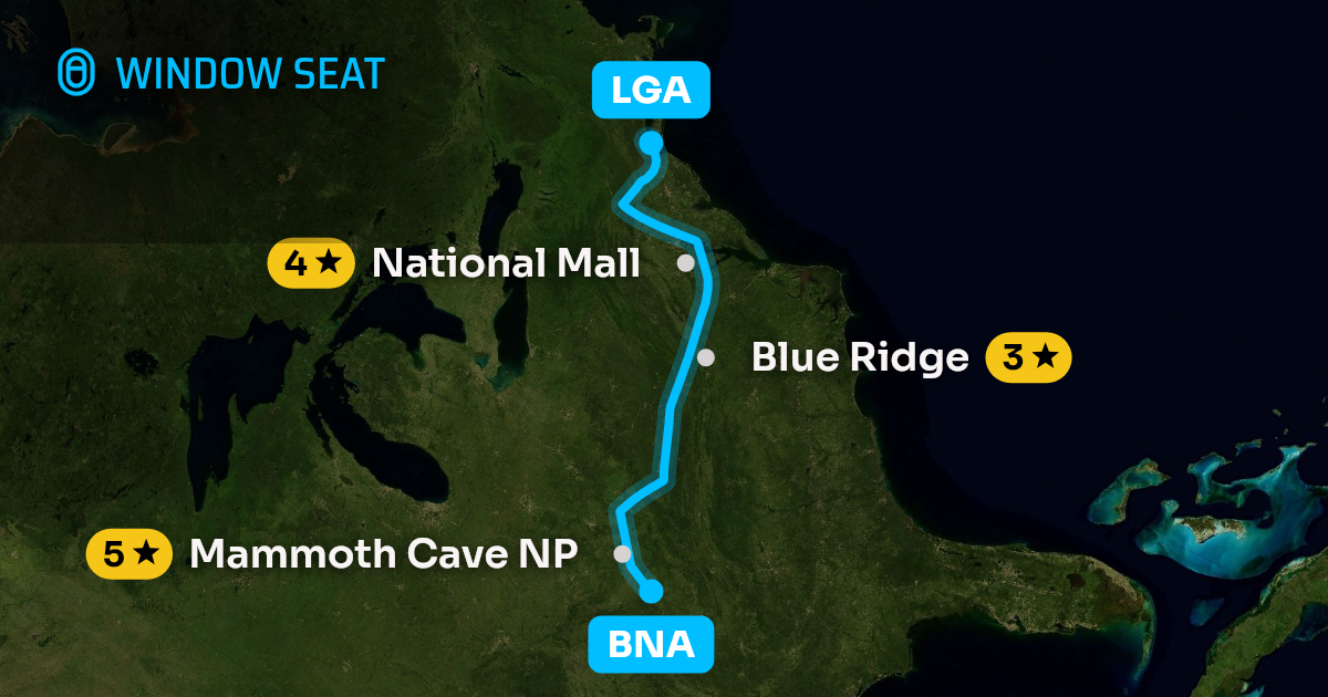 Map of the Nashville to New York flight path with its landmarks on each side