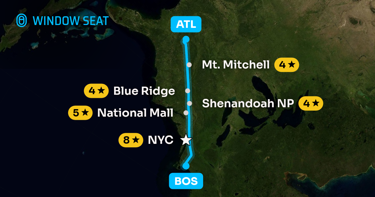 Map of the Boston to Atlanta flight path with its landmarks on each side