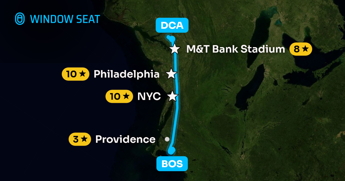 Map of the Boston to Washington flight path with its landmarks on each side