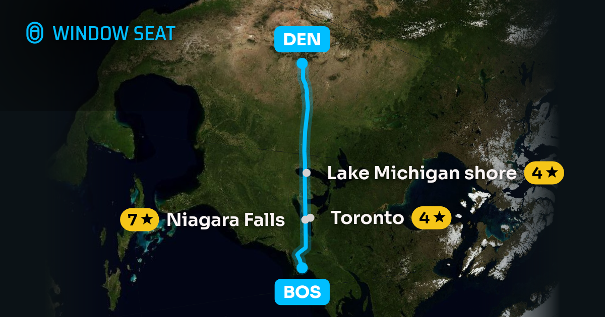 Map of the Boston to Denver flight path with its landmarks on each side
