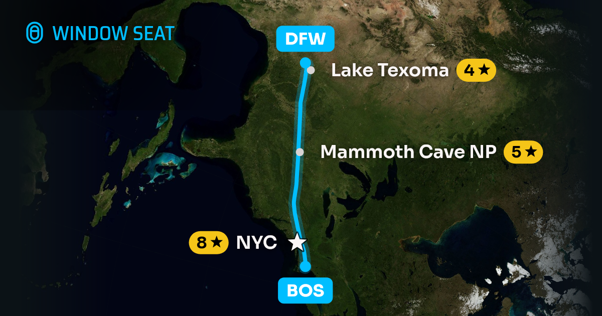 Map of the Boston to Dallas-Fort Worth flight path with its landmarks on each side