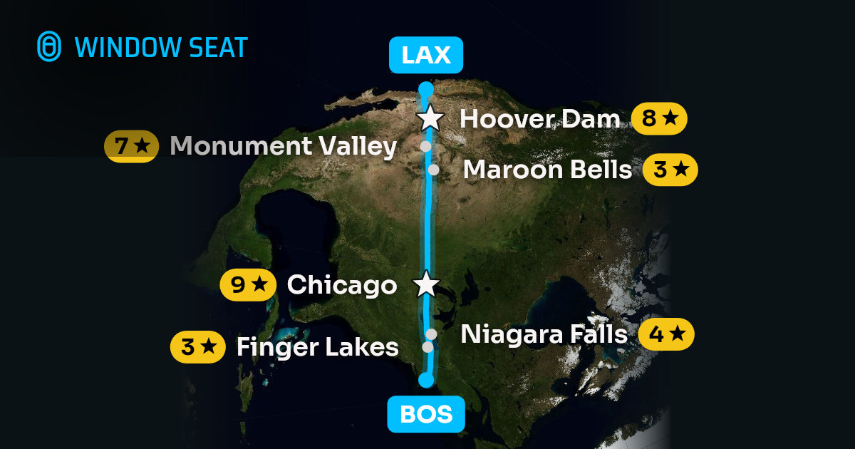 Map of the Boston to Los Angeles flight path with its landmarks on each side
