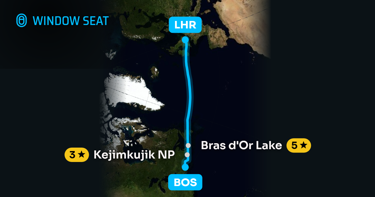 Map of the Boston to London flight path with its landmarks on each side