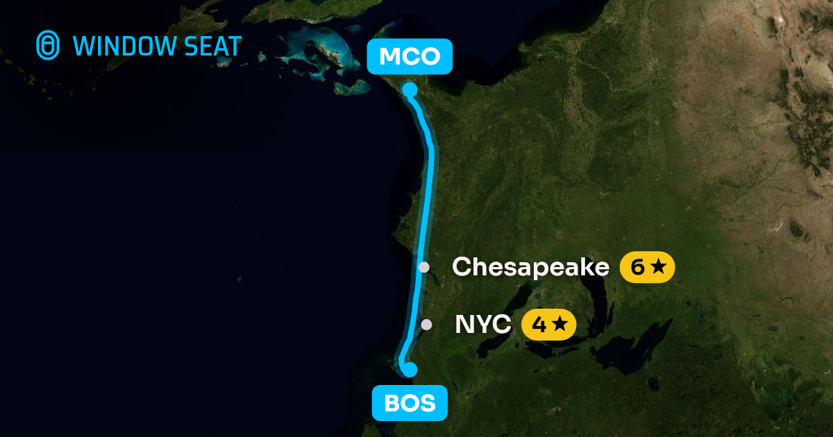 Map of the Boston to Orlando flight path with its landmarks on each side