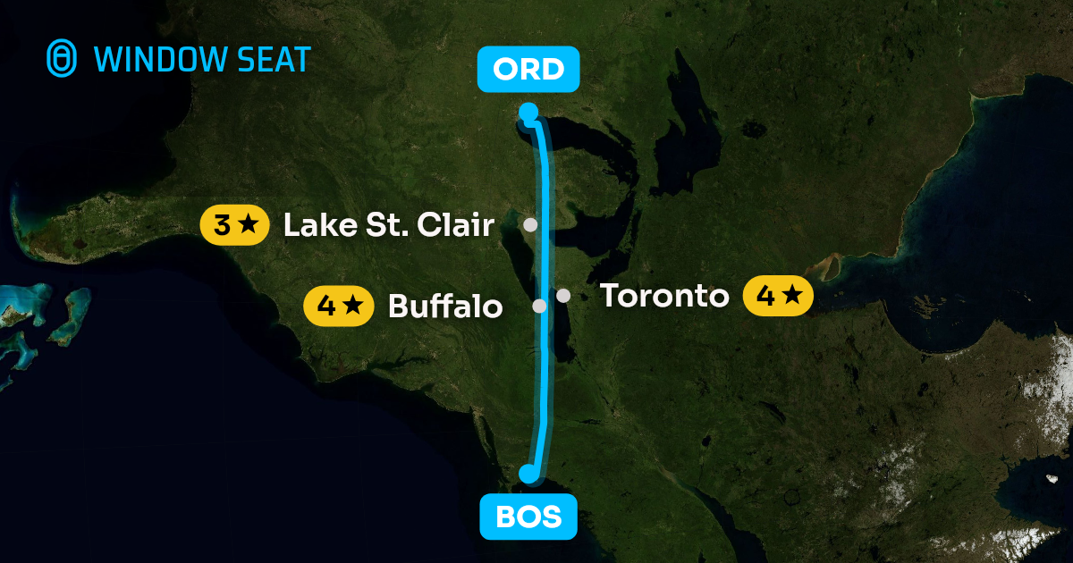 Map of the Boston to Chicago flight path with its landmarks on each side