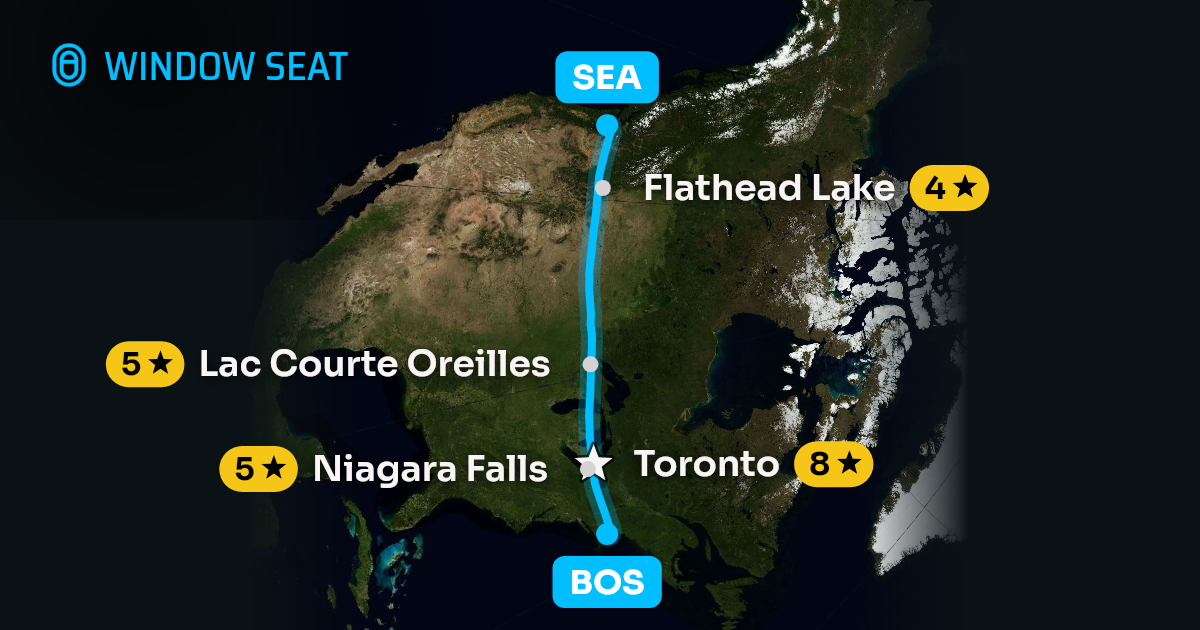 Map of the Boston to Seattle flight path with its landmarks on each side