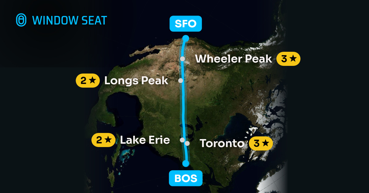 Map of the Boston to San Francisco flight path with its landmarks on each side