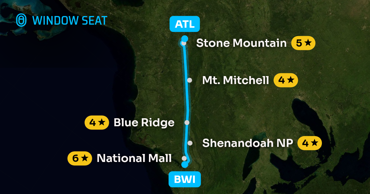 Map of the Baltimore to Atlanta flight path with its landmarks on each side