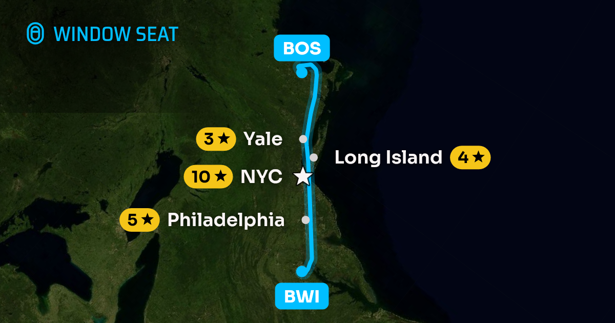Map of the Baltimore to Boston flight path with its landmarks on each side