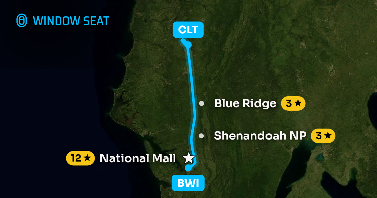 Map of the Baltimore to Charlotte flight path with its landmarks on each side