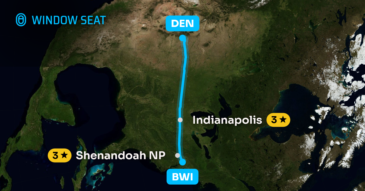 Map of the Baltimore to Denver flight path with its landmarks on each side