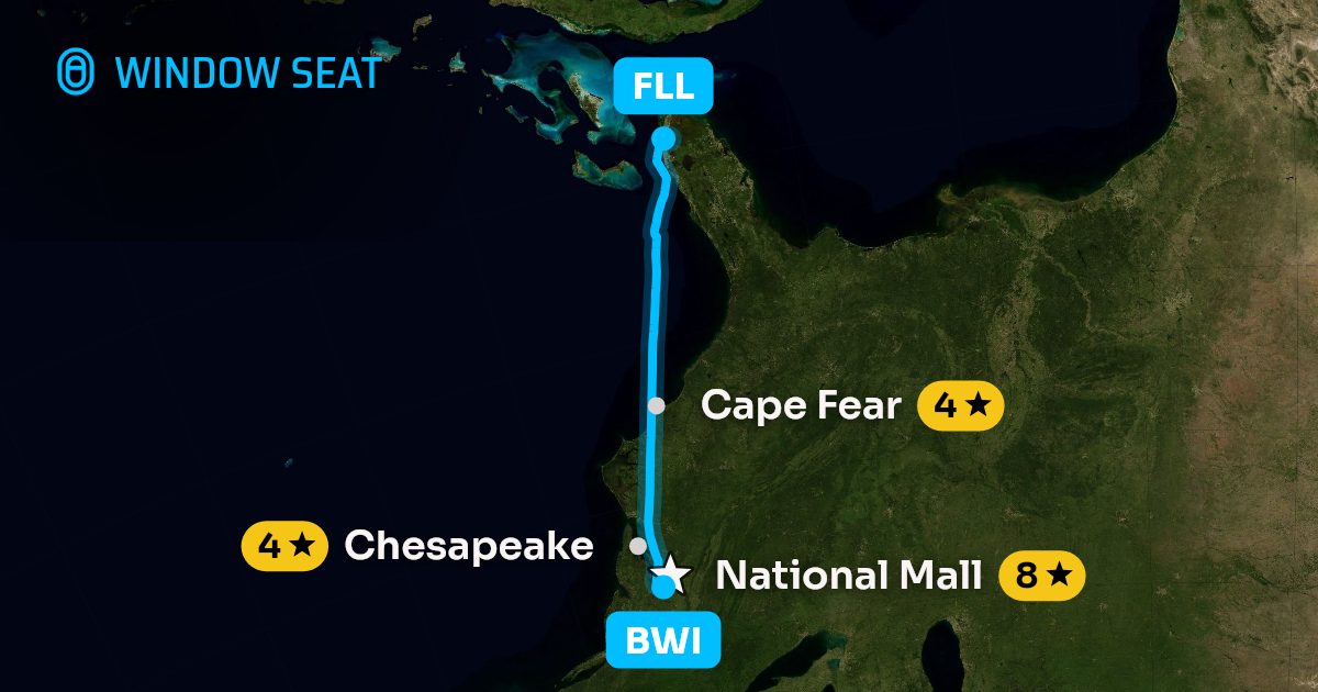 Map of the Baltimore to Fort Lauderdale flight path with its landmarks on each side