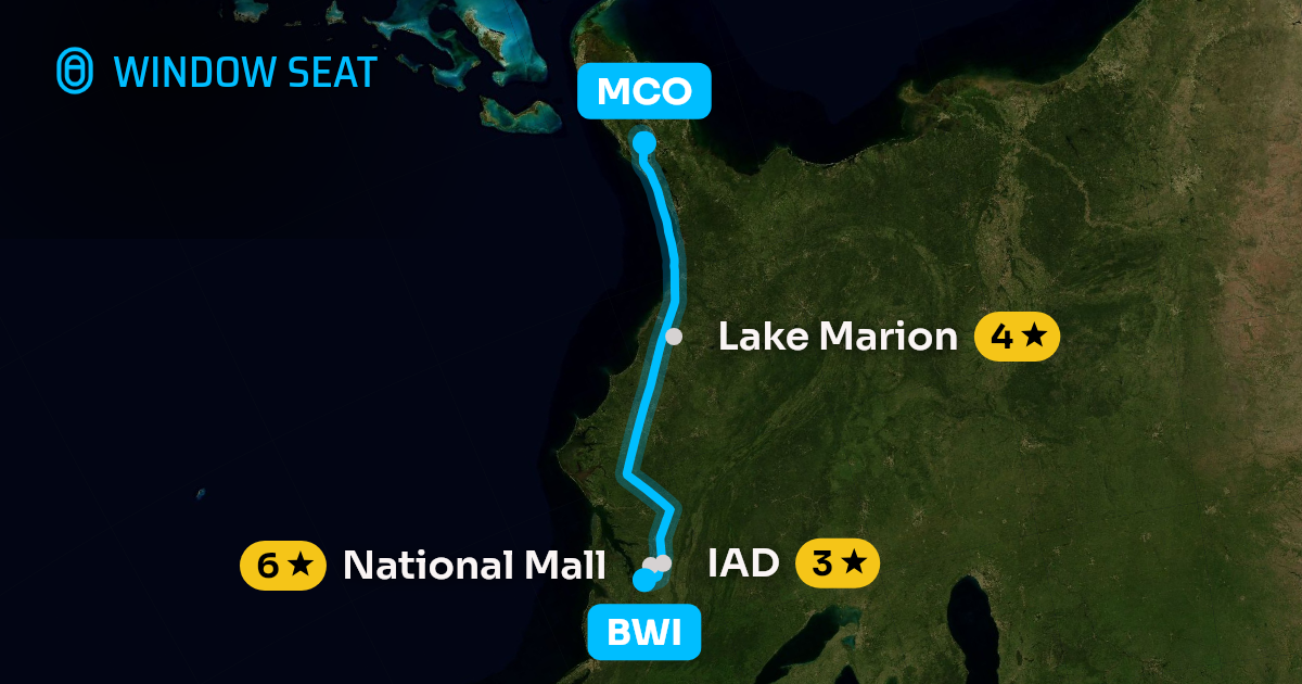 Map of the Baltimore to Orlando flight path with its landmarks on each side