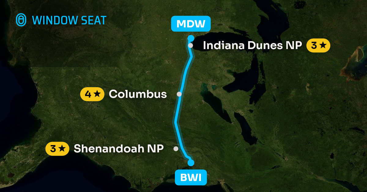 Map of the Baltimore to Chicago flight path with its landmarks on each side
