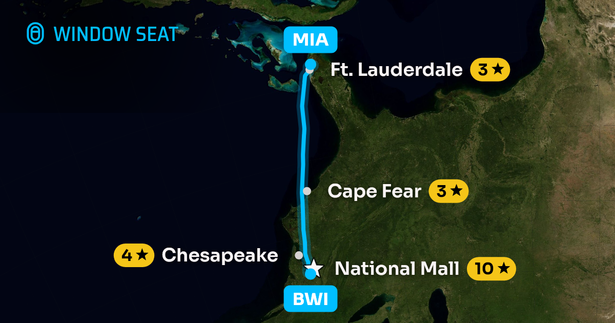 Map of the Baltimore to Miami flight path with its landmarks on each side