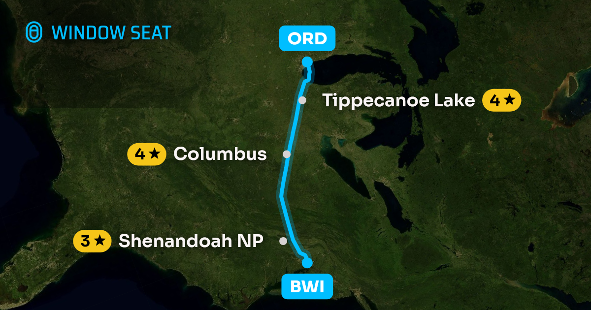 Map of the Baltimore to Chicago flight path with its landmarks on each side