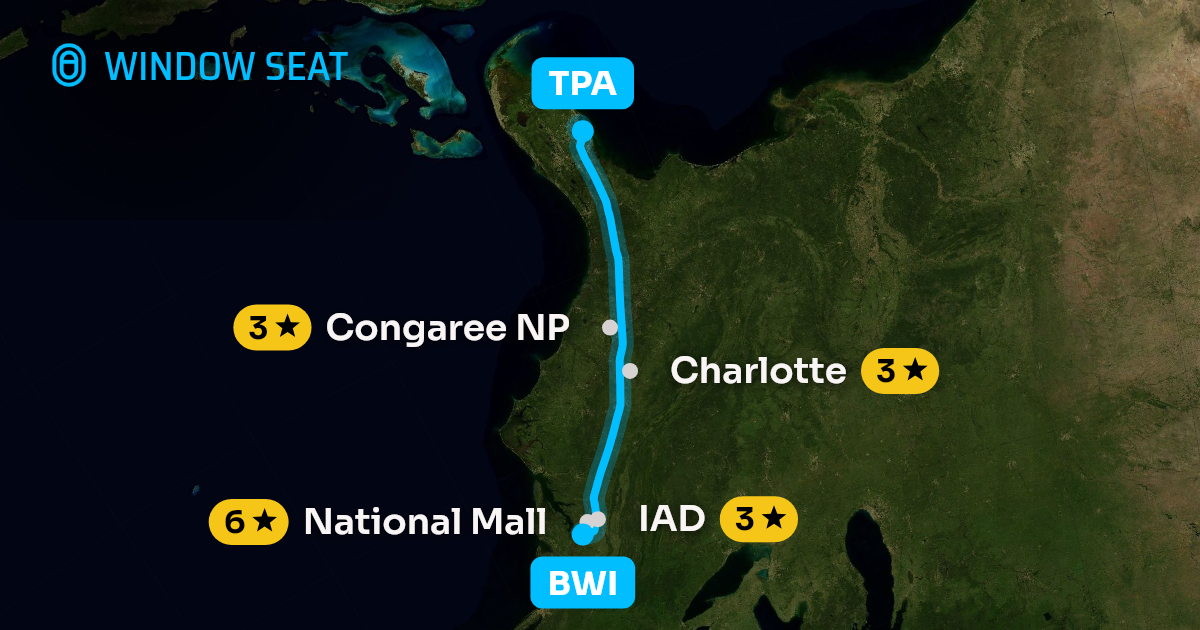 Map of the Baltimore to Tampa flight path with its landmarks on each side