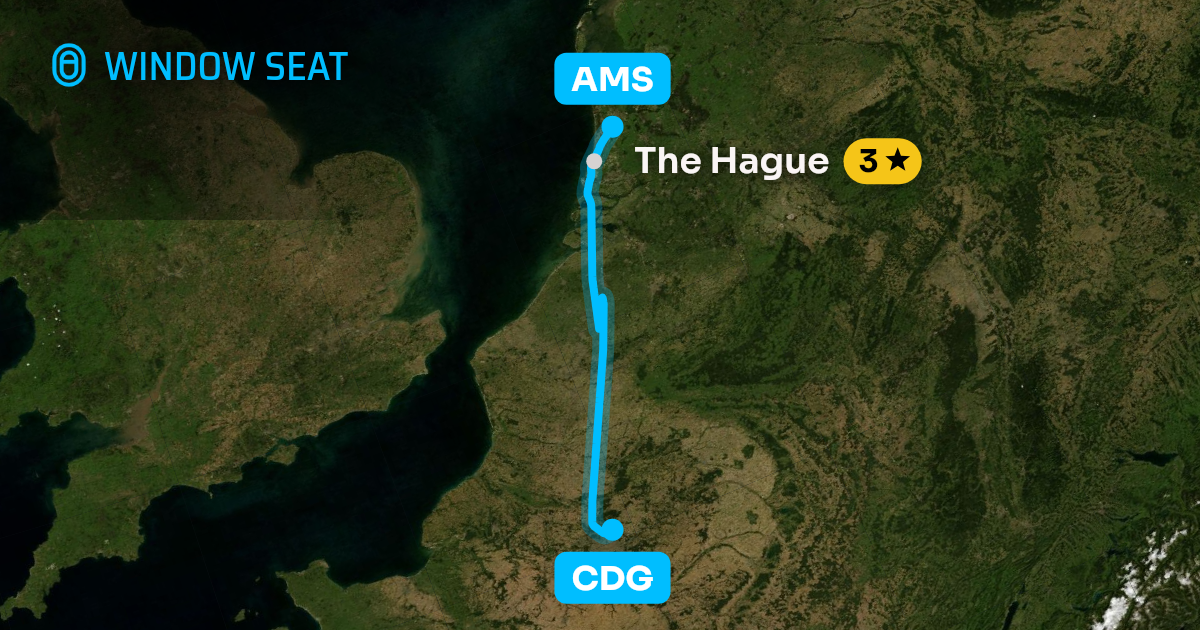Map of the Paris to Amsterdam flight path with its landmarks on each side