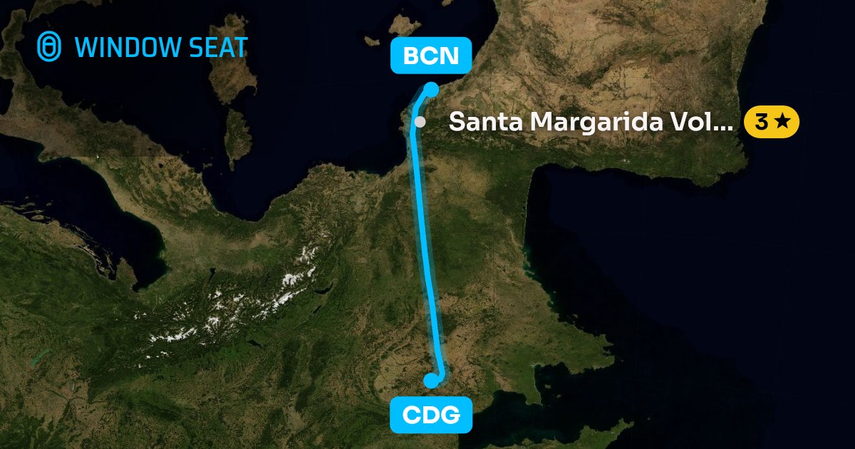 Map of the Paris to Barcelona flight path with its landmarks on each side