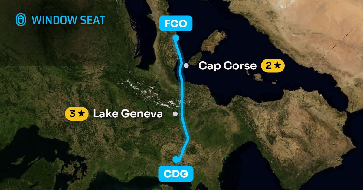 Map of the Paris to Rome flight path with its landmarks on each side